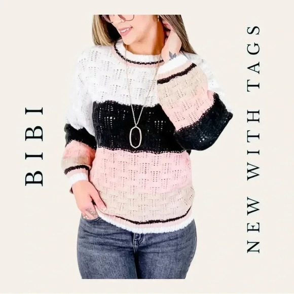 1221. BIBI TEXTURED SWEATER SIZE X-LARGE PINK/BLACK/TAN/WHITE IN COLOR BALLOON - Picture 1 of 13
